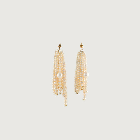 The Candace Earrings are 14-karat gold posts and feature generous cluster petite pearl clusters that waterfall down your ear. These earrings are the perfect addition to get the look just right.